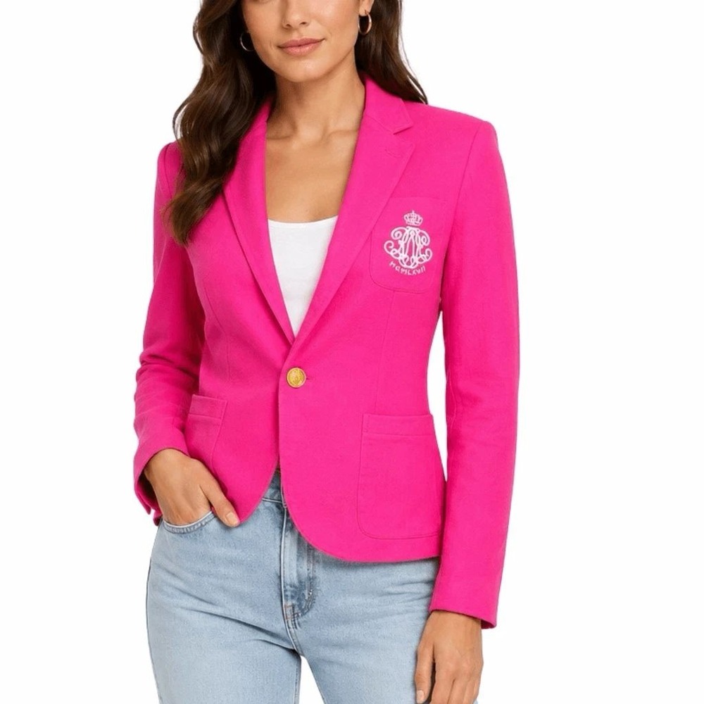 Ralph Lauren Sport Blazer Womens 2 Pink Knit Cotton Crest Gold Button Jacket